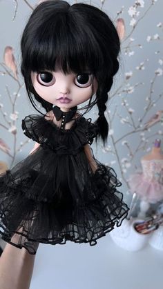 Wednesday Addams Doll, Steampunk Dolls, Wednesday Dress, Eyebrow Design, Blythe Doll Dress, Big Eyes Art, Doll Dress Patterns, Gothic Dolls, Creepy Dolls