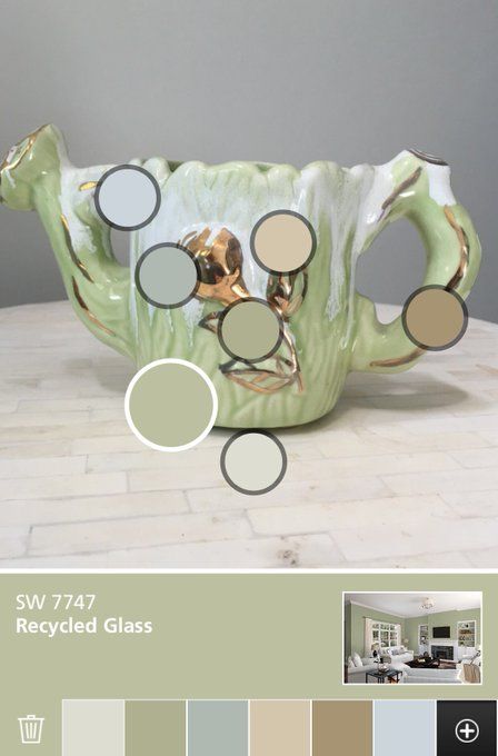 Majolica Green paint color SW 0013 by Sherwin-Williams. View interior and exterior paint colors and color palettes. Get design inspiration for painting projects. Sw Majolica Green, Sherwin Williams Recycled Glass Paint, Recycled Glass Sherwin Williams, Aba Clinic, Coastal Color Palettes, Majolica Green, Parents Room, Green Paint Colors, Glass Paint