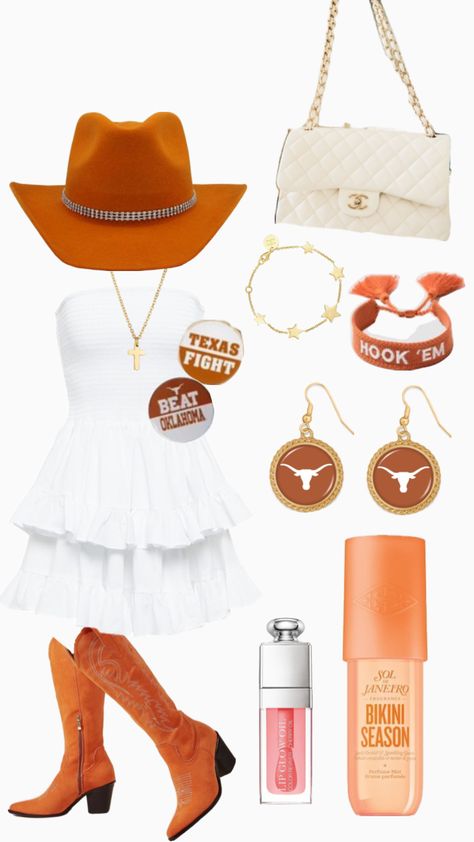 #utaustinoutfits #gamedayoutfits#utaustin #outfits Longhorn Gameday Outfit, Alabama Gameday Outfit, Texas Longhorns Outfits, Rush Week Outfits, Cute College Outfits, College Gameday Outfits, Gameday Outfits, Charleston Style, Ut Austin