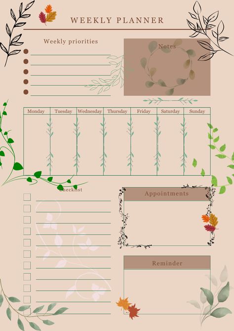 Fall themed weekly planner Fall Planner Aesthetic, Canva Planner Ideas, Journal Templates Layout, Planner Template Aesthetic, Fall Planner, Free Planner Templates, Flower Planner, Study Planner Printable, Note Writing Paper