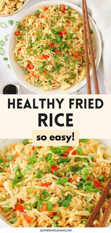 Make healthy fried rice for dinner tonight. It’s simple, flavorful, and so satisfying. Fried Rice Veggie, Healthy Veggie Fried Rice, Fast Filling Dinner, Vegetarian Meals With Rice, Healthy Fried Rice Recipe, Using Leftover Rice, Rice With Veggies, Nutritional Meals, Healthy Fried Rice