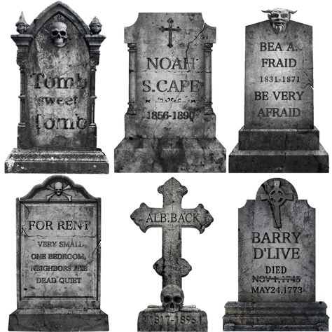 PRICES MAY VARY. 6 STYLES PUNNY GRAVEYARD SET: tombstones for graves yard sign includes 6 styles of funny puns cardboard halloween headstones for cemetery signs, Funny tombstone decorations are a great way to add some humor to your frightening setup HALLOWEEN SIGNS SIZE: this plastic cardboard tombstones sets are sturdy. 17in height and 10in length, the length varies due to different styles.8pcs connect metal stake. Plastic stakes can secure them better than any other plastic stakes. Quality Mat Tombstone Decorations, Graveyard Tombstones, Halloween Headstone, Cemetery Halloween, Tombstone Diy, Headstones Decorations, Halloween Gravestones, Halloween Yard Signs, Tombstone Designs