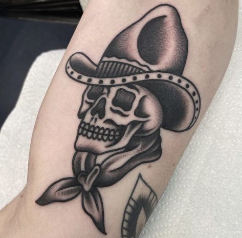 American Tradition Cowboy Tattoo, Western Gothic Tattoo, Old Western Tattoos, Cowboy Flash, Cow Skull Tattoos, Cowboy Hat Tattoo, Trad Flash, Cowboy Tattoos, Western Tattoos