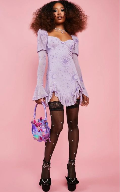 Dollskill Dollskill Outfits, Elvira Dress, Goth Scene, Sugar Thrillz, Bodycon Dress With Sleeves, Purple Mini Dresses, Sleeve Bodycon Dress, Star Pattern, Moon Star