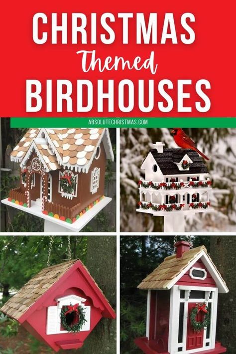 These holiday bird feeders are decked out with Christmas decorations. Christmas themed birdhouses look great in the yard, on the porch or balcony and the birds love them too! #christmasdecorating Xmas Bird Houses, Christmas Birdhouses Diy, Christmas Bird Feeder, Bird House Christmas Decor, Bird House Christmas Village, Birdhouse Ornaments Christmas, Christmas Birds Decorations, Christmas Birdhouses Ideas Diy, Birdhouse Christmas Ornaments