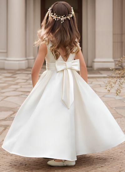 A-Line Scoop Neck Sleeveless Satin Flower Girl Dresses With Bow(s)/Beading - Missacc Satin Flower Girl Dresses, Satin Flower Girl Dress, Wedding 2025, Satin Flowers, Mom Dress, Bride Dresses, Pink Candy, Evening Dresses Prom, Girl Dresses