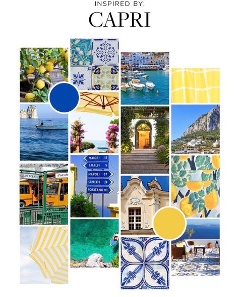 Inspired by Capri Italy Theme Bathroom, Amalfi Style Interior, Amalfi Mood Board, Amalfi Colour Palette, Capri Home Decor, Amalfi Coast Inspired Patio, Capri Inspired Decor, Capri Interior Design, Capri Inspired Party