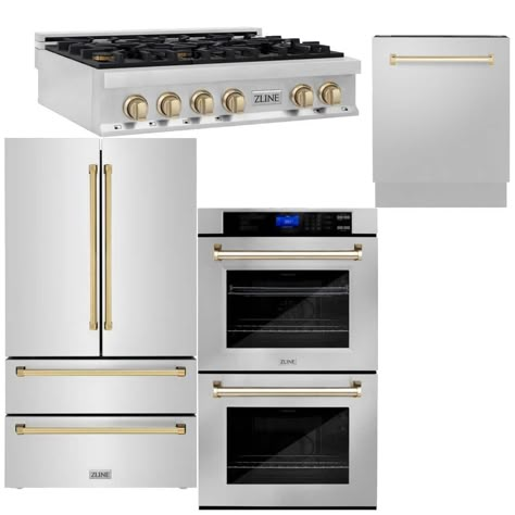 Save with our ZLINE Autograph Edition Stainless Steel & Gold Kitchen Appliances Bundle at The Home Depot. We have the best prices on the newest Package Title to breathe new life into the heart of your home. Bosch White Appliances, White And Gold Stove Range, Gold Kitchen Knobs With Silver Appliances, Kitchen Remodel Appliances, Gold Kitchen Fixtures With Stainless Steel Appliances, Jen Air Appliances, Kitchens With Double Wall Ovens, High End Kitchen Appliances Luxury, Stainless Steel With Gold Hardware