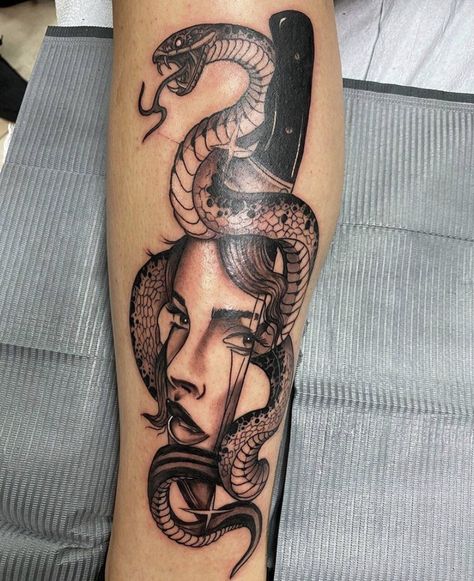 Knife And Snake Tattoo Design, Knife Snake Tattoo, Snake With Knife Tattoo, Snake Wrapped Around Knife Tattoo, Knife Going Through Snake Tattoo, Snake And Dagger Tattoo, Mirror Tattoos, Medusa Snake, Knife Tattoo