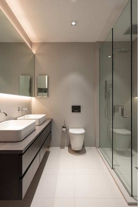 Sleek bathroom with wall-to-wall mirror and floating vanity Bathroom Mirror With Integrated Light, Bathroom Shower Glass Partition, Shower Partition, Small Modern Bathroom, Minimalist Mirror, Mirror Hack, Minimalist Mirrors, Interior House Design, Compact Bathroom