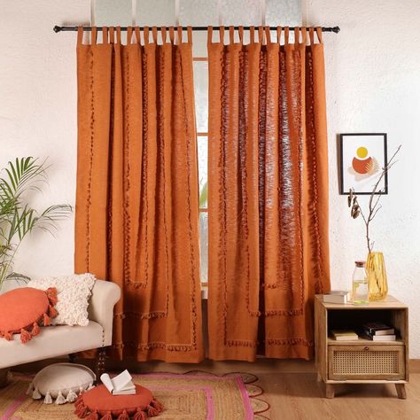 Terracota Curtains Bedroom, Boho Curtain Rod, Curtain Styles Living Room, Boho Curtains Living Room, Rust Curtains, Rideaux Boho, Cat Cottage, Balcony Curtains, Semi Sheer Curtains