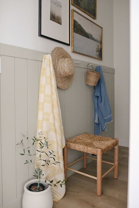 Easy Weekend Mudroom Refresh with a DIY Peg Rail and Shiplap Wall - Chelsey Freng Entryway Peg Rail, Tongue And Groove Half Wall, Beadboard Hallway, Diy Peg Rail, Mini Mudroom, Woven Ottoman, Peg Wall, Peg Rail, Easy Weekend Projects