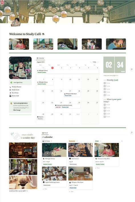Free Study Café Notion Template (light mode) Studio Ghibli School Aesthetic, Studying Notion Template, Notion Ipad Template, Pretty Notion Templates, Notion Subject Template, Notion For Studying, Notion Page Inspiration, Notion Template School Aesthetic, Notion Template Ideas Student