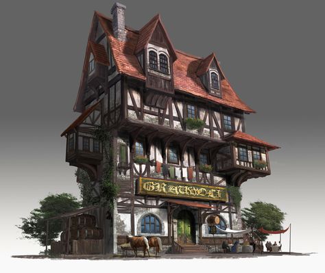 Medieval Pub House, Jongmin Ahn on ArtStation at https://www.artstation.com/artwork/wq1GZ Concept Art House, Construction Minecraft, Fantasy Buildings, 3d Karakter, Medieval House, Medieval Artwork, Fantasy Town, Medieval Houses, Building Concept