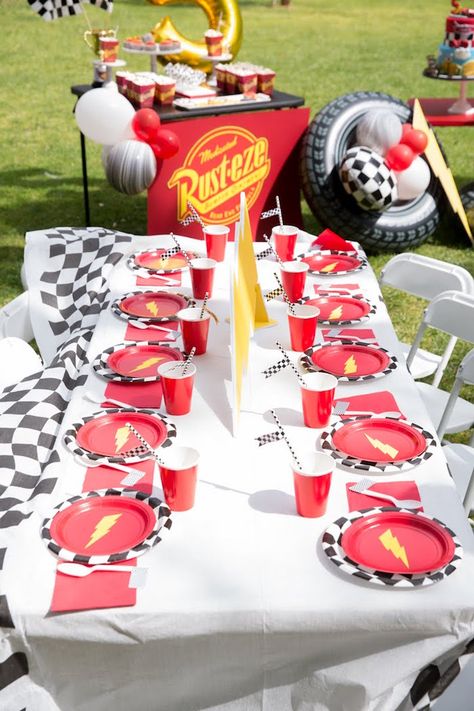 Lightning McQueen Guest Table from a Lightning McQueen Ka-Chow Birthday Party on Kara's Party Ideas | KarasPartyIdeas.com (22) Lightning Mcqueen Birthday Party, Mcqueen Birthday Party, Lightning Mcqueen Birthday, Lightning Mcqueen Party, Mcqueen Party, Mcqueen Birthday, Cars Birthday Party Decorations, Movie Birthday Party, Disney Cars Party