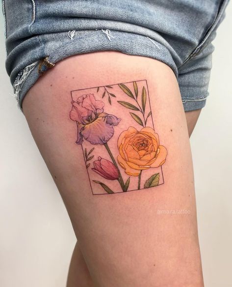 Iris And Rose Tattoo, Artistic Tattoos, Rose Flower Tattoos, Iris Tattoo, Tulip Tattoo, Sleeves Ideas, Tattoo Work, Feminine Tattoos, Iris Flowers