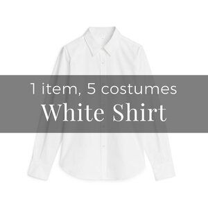 20 Easy Halloween Costumes Using Items from your Closet | Simplified Wardrobe Plain Clothes Halloween Costume, White Button Down Halloween Costume, White Button Up Halloween Costume, White Shirt Halloween Costume, Thrift Store Halloween Costume, Halloween Costumes From Your Closet, Costumes From Your Closet, Simplified Wardrobe, Up Halloween Costumes