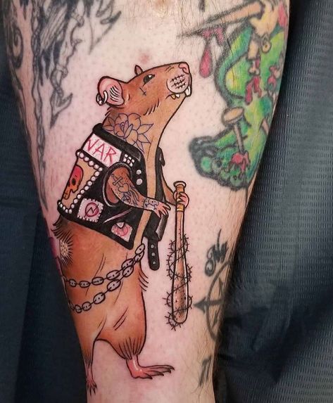 Tattoo Snob on Instagram: “Street Rat tattoo by @stampygoblyn at @sevenswordstattoocompany in Philadelphia, PA #stampygoblyn #shannongamerl #sevenswordstattoocompany…” Dragon And Rat Tattoo, Rat Clown Tattoo, Silly Traditional Tattoos, Punk Rat Tattoo, Neo Trad Animal Tattoo, Rat Traditional Tattoo, Punk Tattoo Sleeve, Two Headed Rat Tattoo, Year Of The Rat Tattoo