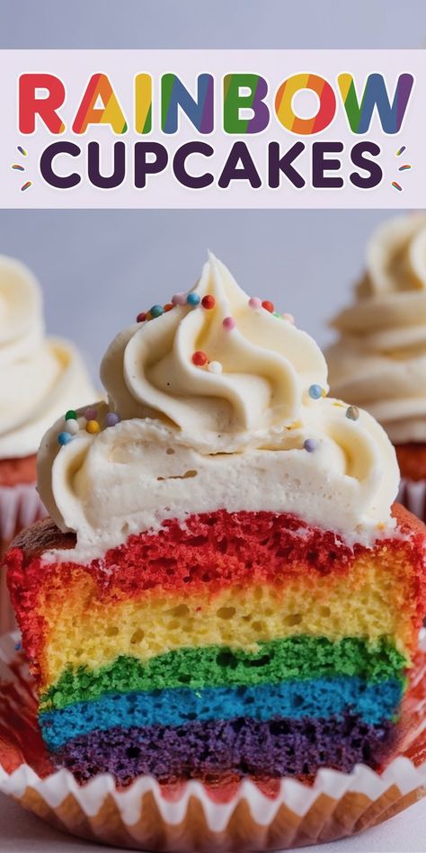 Rainbow Cupcakes with Surprise Center Recipe - Emma's Cake Studio Creamy Vanilla Frosting, Confetti Cupcakes, Summer Cupcakes, Rainbow Confetti, Colorful Desserts, Delicious Cupcakes, Filled Cupcakes, Vanilla Buttercream Frosting, Rainbow Cupcakes