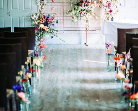 Small vases lining the aisle w/ bright, colorful flowers. Dried Floral Wedding, Wedding Isles, Small Vases, Aisle Flowers, Wedding Vases, Bali Wedding, Aisle Decor, Future Wedding Ideas, Civil Wedding