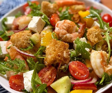 Ina Garten Roasted Shrimp, Ina Garten Shrimp, Cooking Club Ideas, Salad Board, Panzanella Salad Recipe, Light Salads, Roasted Shrimp, Panzanella Salad, Light Salad