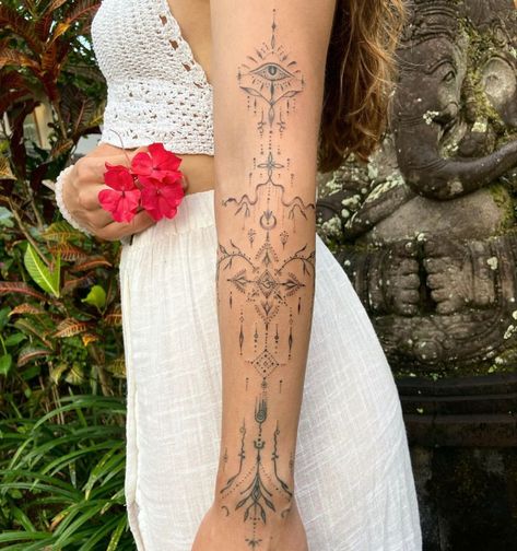 Spiritual Tattoos Arm Women, Spiritual Tattoos For Women Arm, Spiritual Ornamental Tattoo, Spiritual Tattoos Arm Sleeve, Women Underarm Tattoo, Bohemian Arm Tattoo, Celestial Arm Sleeve, Boho Arm Sleeve Tattoo, Ornamental Arm Sleeve