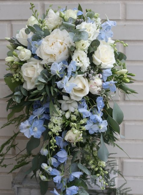 Bridal cascade bouquet Cascading Blue And White Bouquet, Cascading Hydrangea Bouquet, Blue White Bouquet Wedding, Blue And White Cascading Bridal Bouquet, Bouquet With Delphinium, Blue Delphinium Bouquet, Blue Cascading Bouquet, Delphinium Bouquet, Bouquet Cascade