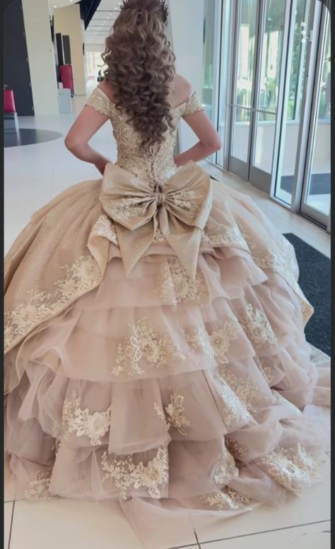 Quince Rose Gold Dress, Beige Quince Dress, Brown Quinceanera Dresses, Quinceanera Venue, Quince Dresses Champagne, Quinceanera Dresses Mexican, Quince Stuff, Quincenera Dresses, Quince Themes