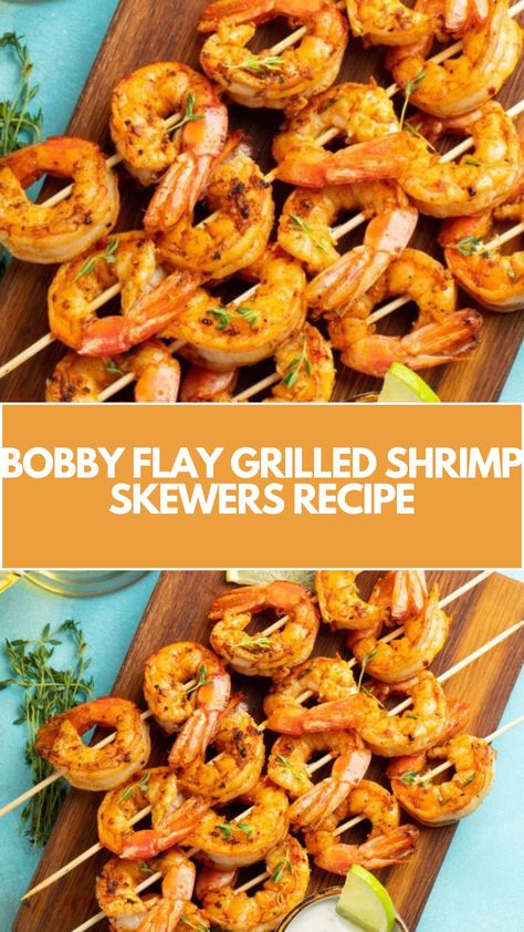 Bobby Flay’s Grilled Shrimp Skewers is made with olive oil, garlic, Calabrian chile flakes, fresh oregano, kosher salt, black pepper, and extra-large shrimp. This delicious shrimp skewers recipe creates a flavorful dinner that takes about 20 minutes to prepare and can serve up to 4 people. Shrimp On The Grill Skewers, Shrimp Skewers Grill, Shrimp Skewer Recipes, Firecracker Shrimp, Bobby Flay Recipes, Shrimp Kabobs, Grilled Shrimp Skewers, Flavorful Dinner, Olive Oil Garlic