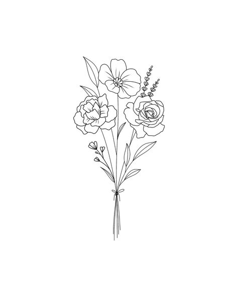 Bouquet Line Tattoo, Dainty Floral Bouquet Tattoo, Single Line Bouquet Tattoo, Minimal Bouquet Tattoo, Dainty Birth Flower Bouquet Tattoo, Fine Line Birth Flower Bouquet Tattoo, Bouquet Of Roses Tattoo, Wildflower Bouquet Drawing, Rose Fine Line Tattoo