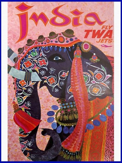 Vintage Airline Posters, India Poster, Vintage India, Vintage Airlines, Indian Elephant, Elephant Art, A4 Poster, Art Masters, Vintage Travel Posters