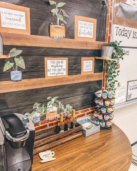 Call Office Decor, Cork Board Classroom Ideas, Elementary Office Decor, Headteacher Office Ideas, Dean Of Students Office Decor, Classroom Coffee Station, Student Station In Classroom, Student Work Display Ideas, 6th Grade Classroom Set Up