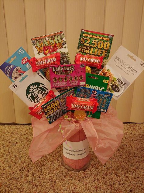 Gift cardsscratch off cards and chocolate. Gift Card And Lottery Ticket Basket, Scratch Off Ticket Gift Ideas Valentines, Scratch Tickets Bouquet, Scratch Off Gift Ideas, Scratcher Bouquet, Scratcher Bouquet Lottery Tickets, Scratchers Bouquet Lottery Tickets, Scratch Ticket Gift Ideas, Scratcher Gift Ideas