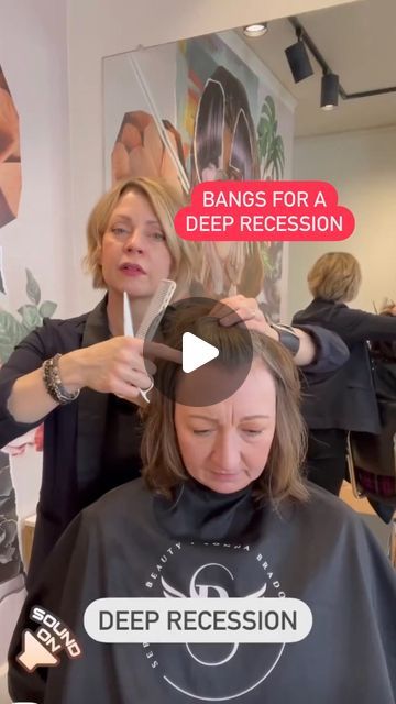 Sonna Jean Brado on Instagram: "Do you have clients with a strong recession area that want full bangs?🙋🏼‍♀️

Try narrowing down the actual fringe section before you cut and keep your elevation low.. this will protect the valuable hair that covers that area! 
@angelbladescissors @sharpscissorsociety 
.
.
#shaghaircut #shaggybob
#bangs #fullbangs #thinhair #thinhairproblems" Bangs Receding Hairline, Bangs To Cover Bald Spot, Bangs On Thinning Hair, Tips For Growing Out Bangs, Blend Bangs Into Hair, Haircut For Receding Hairline For Women, Haircuts For Receding Hairline Women, Medium Shag With Wispy Bangs, Before And After Shag Haircut