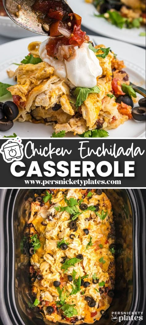 Crockpot Chicken Enchilada Casserole is as easy and delicious as it sounds. Layers of tender creamy chicken, black beans, plenty of Mexican-inspired seasonings, and melty cheese are cooked low and slow to deliver an entire comfort food casserole in one go. Slow Cooker Chicken Enchilada Casserole, Slow Cooker Chicken Enchiladas, Crockpot Chicken Enchilada Casserole, Chicken Rotel, Slow Cooker Mexican Recipes, Crockpot Mexican Chicken, Cheesy Chicken Recipes, Casserole Crockpot Recipes, Persnickety Plates