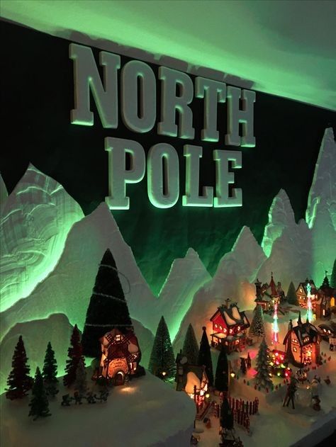 Northpole Decorations, Christmas Village Platform, Diy Christmas Village Platform, Christmas Grotto Ideas, North Pole Village, Styrofoam Letters, North Pole Party, Ward Christmas Party, Christmas Door Decorating Contest