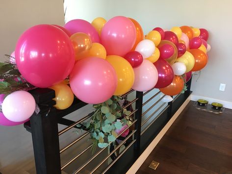 We purchased a balloon arc and instead of the arc we put it on our staircase railing which gave that extra special little touch. It came with big and small balloons for the diversity and we added in some greens to go along with our baby shower theme Balloons On Stair Rail, Balloons On Railing, Balloon Railing, Stair Railing Decor, Arch Staircase, Staircase Railing, Stair Rail, Small Balloons, Staircase Railings