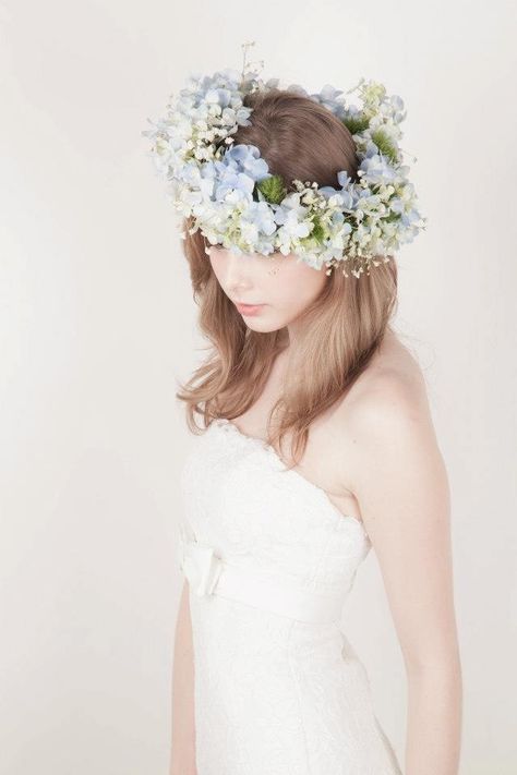 Hydrangea Crown, Hydrangea Flower Crown, Crown Hairstyle, Pep Squad, Cascading Curls, Long Wedding Hairstyles, Blue Flower Crown, Runway Hair, Flower Crown Hairstyle