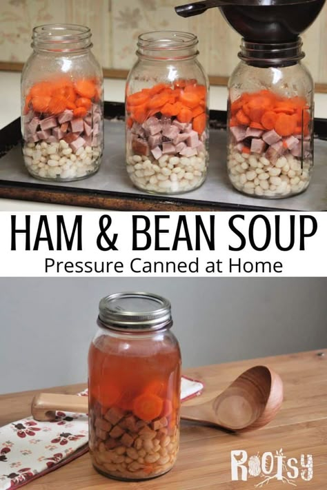 Canning ham and bean soup at home is an easy and worthwhile project for quick homemade meals straight from the pantry. Get the recipe and canning instructions on our blog. #canning #homemaderecipes #homesteading How To Can Ham And Bean Soup, Canning Leftover Ham, Mennonite Canning Recipes, Canning Bean Soup Recipes, Canned Ham And Bean Soup, Pressure Canning Ham And Bean Soup, Canning Ham And Bean Soup, Canning Vegetable Soup, Canning Ham