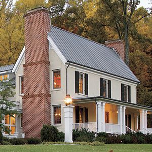 Love this new home that looks like old. Love the two chimneys. Black Shutters, Casas Coloniales, Casa Vintage, Virginia Homes, Farmhouse Exterior, Country Farmhouse Decor, Pretty House, Southern Living, My Dream Home