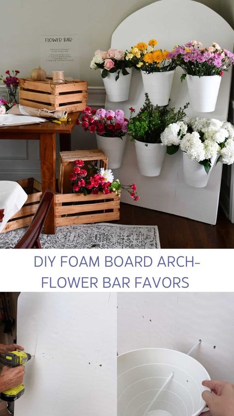 This favor is so fun for bridal or baby showers! The backdrop was easy to make and under $40 using foam board. Build Your Own Bouquet Bar, Diy Flower Bar, Bouquet Favors, Make Your Own Bouquet, Build A Bouquet, Bar Backdrop, Foam Insulation Board, Garden Baby Showers, Shower Foam