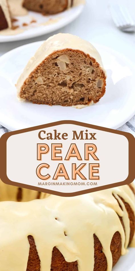 This delicious pear cake is a super easy recipe that starts with a spice cake mix, then is dressed up with fresh ripe pears and a drizzle of brown sugar caramel icing! It's simple yet impressive at the same time! Pear Spice Cake Recipes, Moist Bundt Cake, Spice Cake Mix Recipes, Pear Recipes Easy, Pear Cake Recipes, Brown Sugar Caramel, Pear Bread, Ripe Pears, Pear Dessert