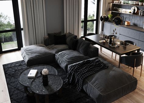 Dark Minimalism Apartment :: Behance Minimalist Studio Apartment Men, Studio Apartment Dark Aesthetic, Dark Tone Apartment, Cozy Dark Minimalist Living Room, Dark Aethstetic Apartment, Dark Apartment Aesthetic Modern, Dark Minimalist Aesthetic Apartment, Dark Furniture Apartment, Dark Studio Apartment Ideas