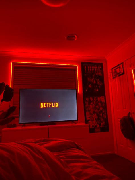 Red Led Room Aesthetic, Red Led Bedroom, Red Led Room, Tv In Bedroom Aesthetic, Bushcraft Aesthetic, Red Light Room, Red Lights Bedroom, Cute Background For Zepeto, Movie Bedroom