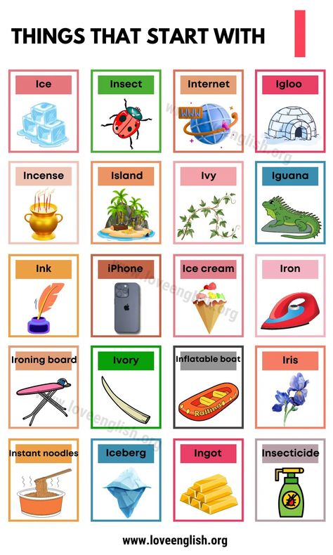 22 Excellent Examples Of Things That Start With I - Love English Things That Start With Letter I, Things That Start With A, English 101, Vowel Activities, Letter Crafts, English Learning Books, Learning Books, Alphabet Words, Growth Mindset Posters