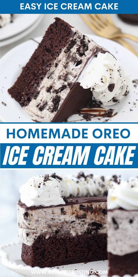 This Oreo ice cream cake recipe is an easy frozen dessert made from fudgy chocolate cake topped with a layer of homemade Oreo ice cream. Ice Cream Cake With Brownie Base, Cake And Ice Cream Desserts, Homemade Oreo Ice Cream Cake, Diy Oreo Ice Cream Cake, Easy Oreo Ice Cream Cake, Cookies And Cream Ice Cream Cake, Ice Cream Cakes Homemade, Easy Oreo Cake Recipe, Ice Cream Cake Recipe Easy