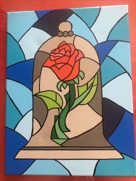 . Beauty and the Beast. 9x12 canvas with acrylic paints, black oil based marker, and ModPodge glossy finish Disney Love Paintings Easy, Disney Paintings Easy Beauty And The Beast, Very Big Canvas Painting Ideas, Beauty And The Beast Stained Glass Rose, Nice Drawings Creative, Beauty And Beast Painting, 9x12 Canvas Painting Ideas Easy, 24x36 Painting Ideas, Easy Beauty And The Beast Painting