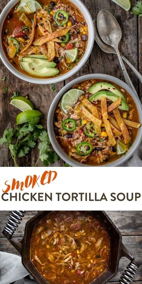 Smoked Chicken Tortilla Soup made with Smoked Chicken. Hearty and comforting fall soup. Smoked Chicken Recipes, Chicken Tortilla Soup Crock Pot, Chicken Tortilla Soup Recipe, Soup Keto, Tortilla Strips, Chicken Tortillas Soups Recipe, Homemade Chicken Stock, Tortilla Soup Recipe, Fall Soup