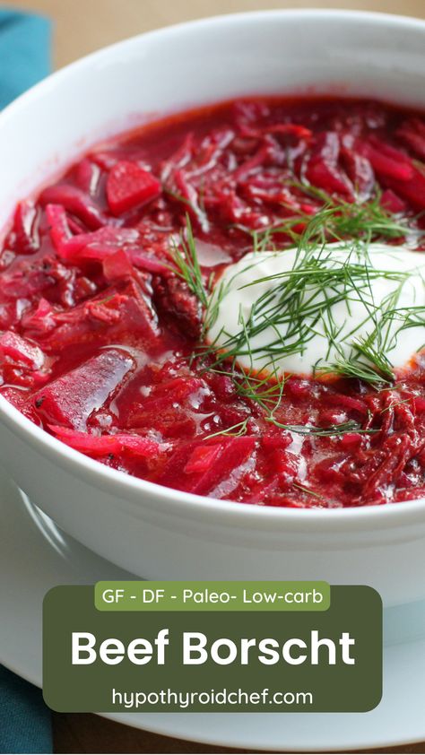 Indulge in the rich flavors of Beef Borscht, a hearty Russian beet soup packed with tender beef and vibrant veggies! 🍲✨ Gluten-free, dairy-free, paleo, and AIP-friendly, this comforting dish is a true gem for any dietary preference. Give it a try and elevate your thyroid-healthy mealtimes.   #BeefBorscht #RussianCuisine #GlutenFree #DairyFree #Paleo #AIP #HealthyRecipes #SoupLovers #ComfortFood #NourishingMeals #FoodieFaves Best Borscht Soup Recipe, Hypothyroid Recipes, Beef Borscht, Thyroid Healthy Foods, Borscht Recipe, Borscht Soup, Beet Soup, Weekend Cooking, Beef Bone Broth