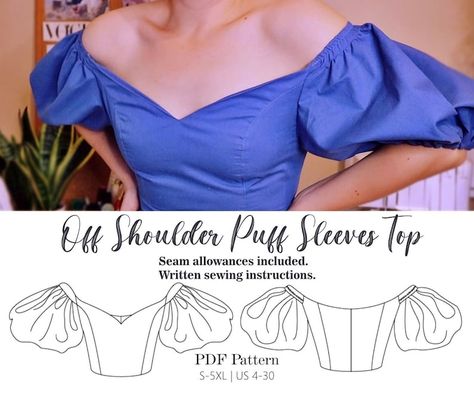 Sweetheart Neckline Top With off Shoulder Puff Sleeves PDF Sewing Pattern US 4 30 S 5XL - Etsy Canada Puff Sleeves Top, Sweetheart Neckline Top, Sewing Elastic, Couture Mode, Diy Sewing Clothes, Sleeves Pattern, Pdf Sewing Patterns, Sewing Techniques, Sewing Clothes